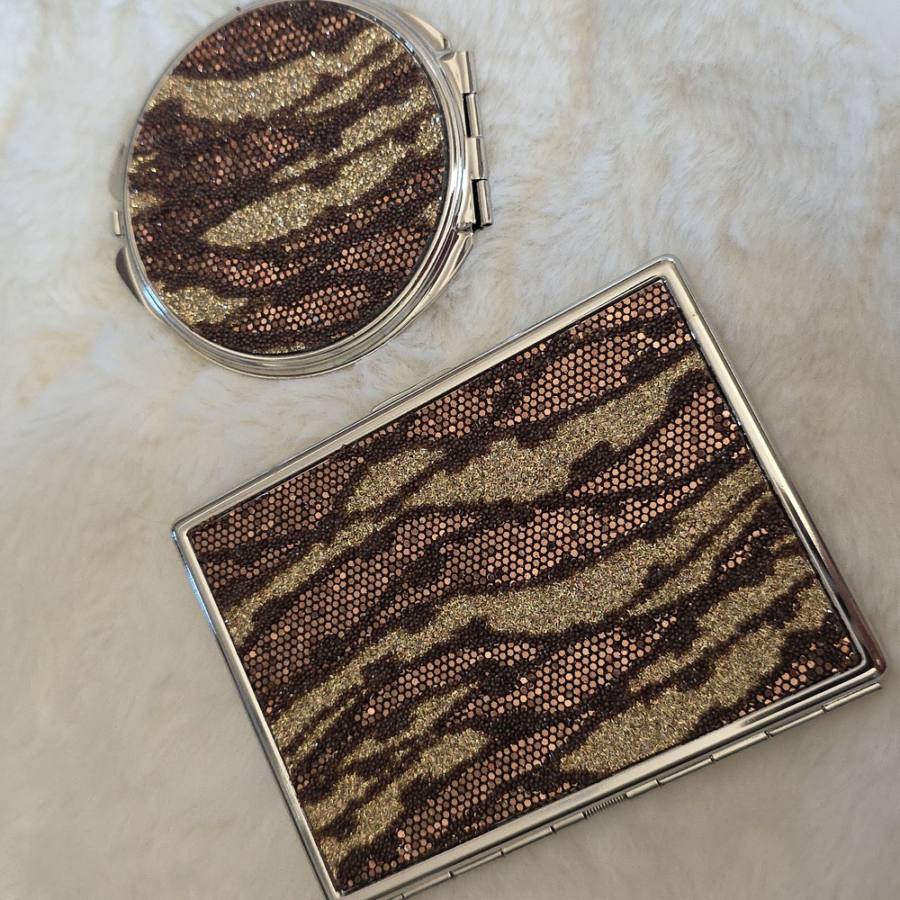 New Glittery Animal Print Compact Mirror and ID Card Holder Set